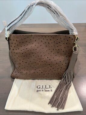 G.I.L.I. Taupe Ostrich-Embossed Top Handle Bag (Lisa Robertson Era)